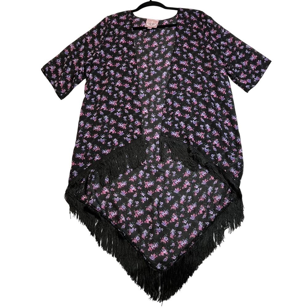 Romeo & Juliet Couture Floral Print Kimono w/ Fringe Trim Size M/L Boho Colorful